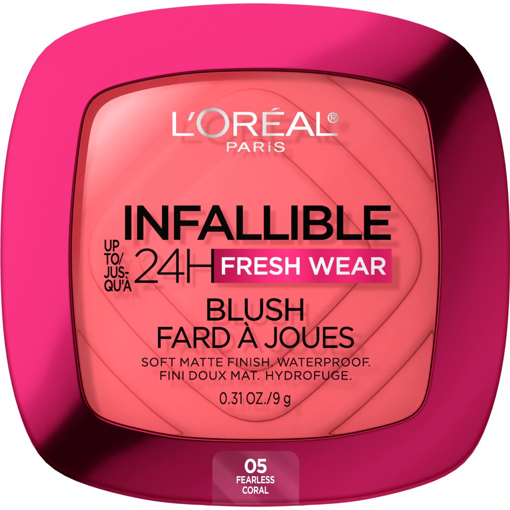 L'Oreal Paris Infallible Up to 24H Fresh Wear Soft Matte Blush, Blendable, Long-Lasting and Waterproof Cheek Make Up, Fearless Coral 05, 0.31 Oz