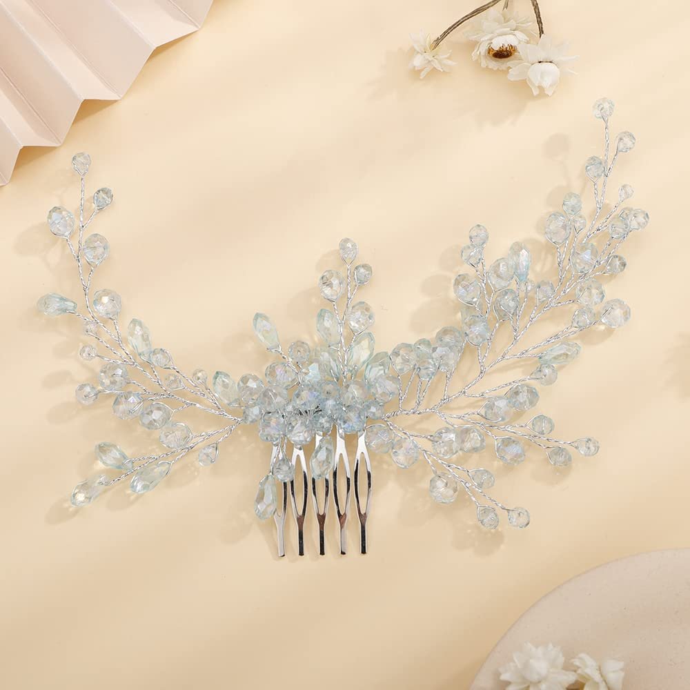 Teyglen Dainty Blue Rhinestones Bridal Hair Comb Headband with Crystals for Women and Girls (Light Blue)