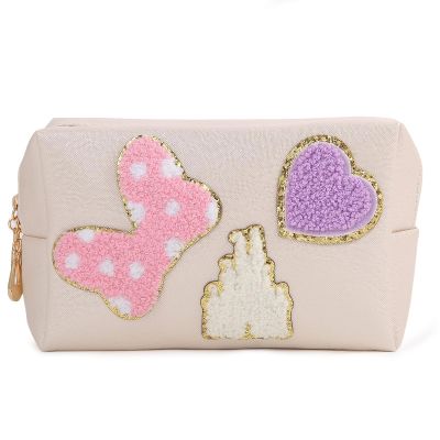 Dripykiaa Preppy Patch Small Toiletry Bag Cartoon Leather Makeup Bag with Double Zipper Gift for Women and Teenage Girls for Disney World Essentials
