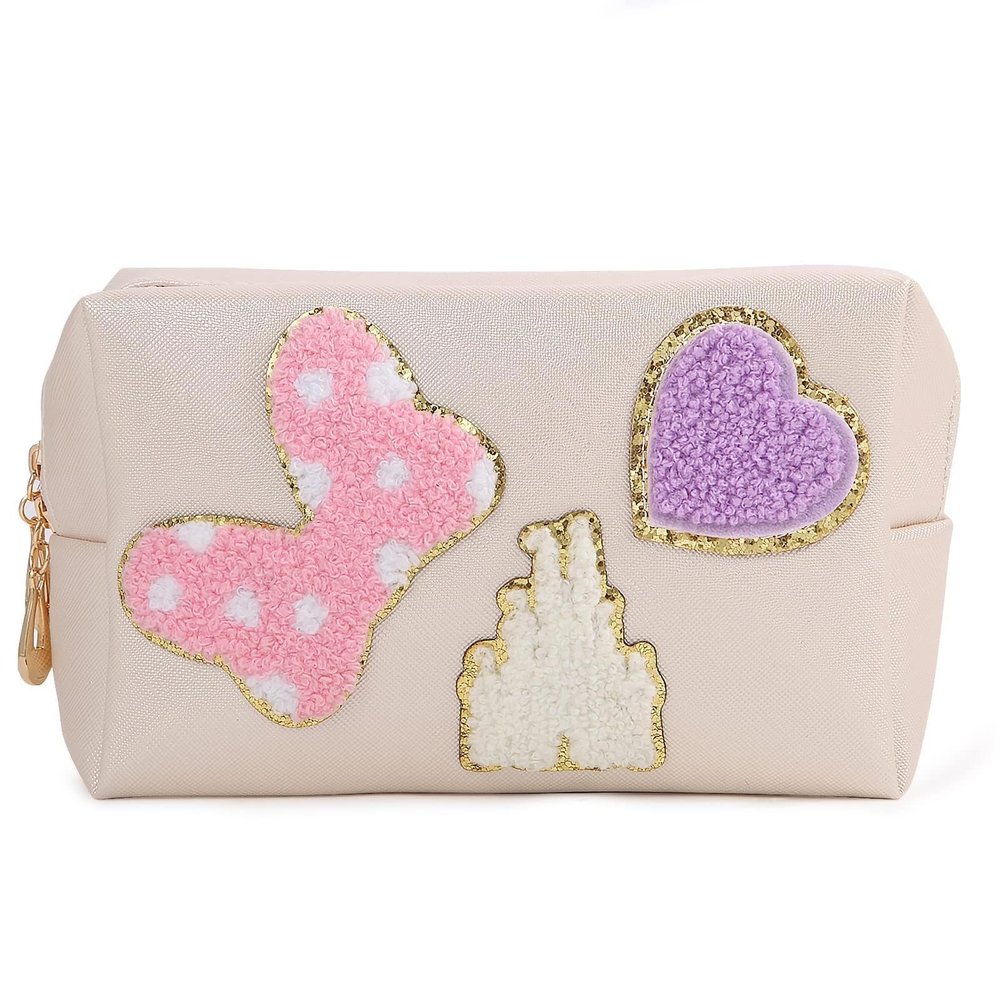 Dripykiaa Preppy Patch Small Toiletry Bag Cartoon Leather Makeup Bag with Double Zipper Gift for Women and Teenage Girls for Disney World Essentials