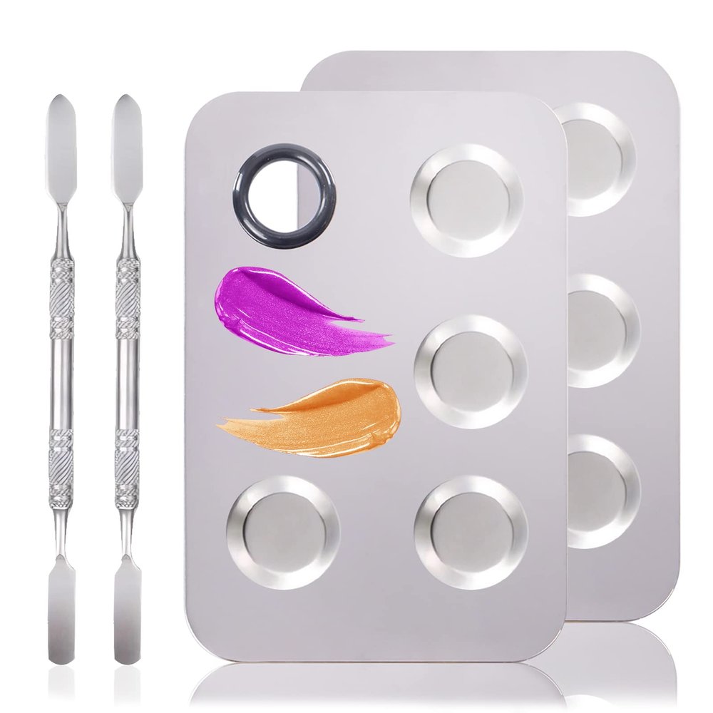 2 Sets Makeup Mixing Palette, Makeup Palette for Foundation, Stainless Steel Makeup Mixing Tray with Spatula for Mixing Eye Shadow Nail Art, Makeup Foundation Mixing Tray