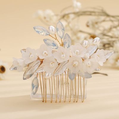 Teyglen Floral Flower Wedding Hair Comb Bridal Gold Leaf Crystal Pearl Hair Pieces Side Comb for Bride Dainty Rhinestone Headpieces Hair Accessories for Women Girls