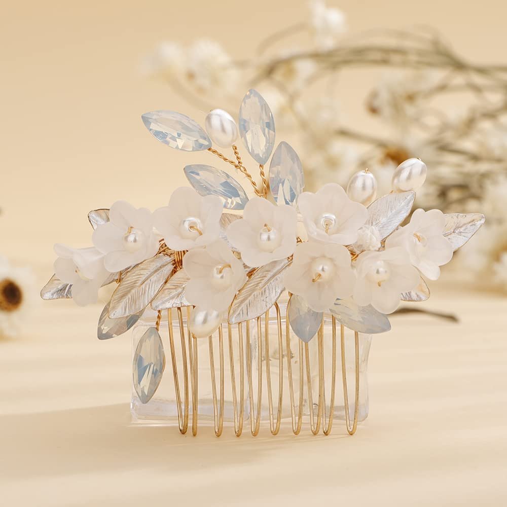 Teyglen Floral Flower Wedding Hair Comb Bridal Gold Leaf Crystal Pearl Hair Pieces Side Comb for Bride Dainty Rhinestone Headpieces Hair Accessories for Women Girls