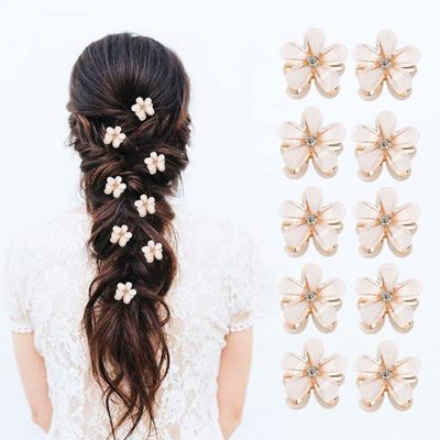 10 Pcs Mini Cute Flower-Shaped Hair Clips for Girls, Multicolor Crystal Hair Barrettes for Long Braid Hairstyles, Flower Hairpin for Women Hair Accessories (10 Pcs- White)