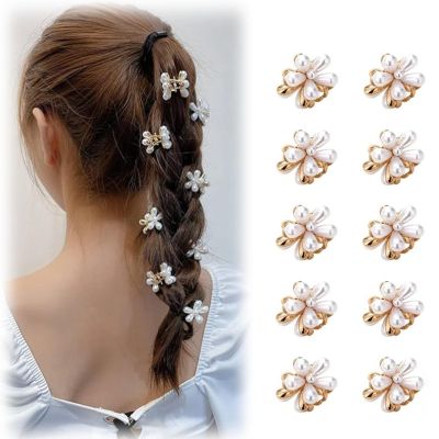 10 Pcs Mini Cute Flower-Shaped Hair Clips for Girls, Multicolor Crystal Hair Barrettes for Long Braid Hairstyles, Pearl Hairpin for Women Hair Accessories (10 Pcs- Pearl)