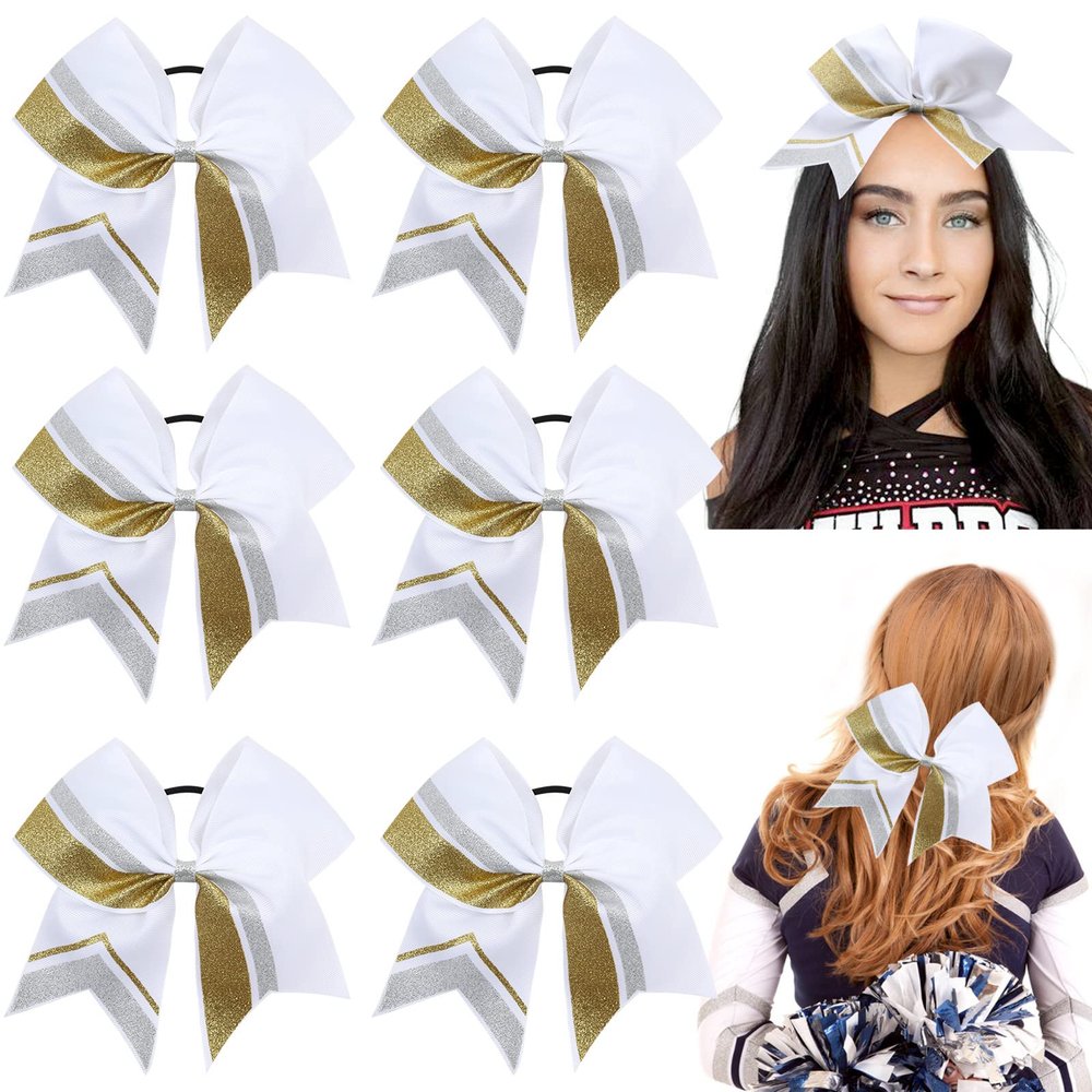 6 PCS 7" Large Glitter Cheer Bows for Cheerleaders, CN Sparkly Hair Bows with Elastic Hair Ties Personalized Accessories for Teens Girls Woman Cheerleading Softball Competition Sports