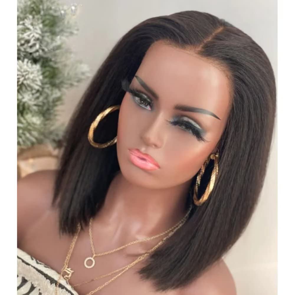 13x4 Yaki Straight Bob Lace Front Human Hair Wigs For Women HD Transparent Lace Front Wig Brazilian Virgin Hair With Baby Hair Glueless Natural Hairline Wig 150% Density 14Inch