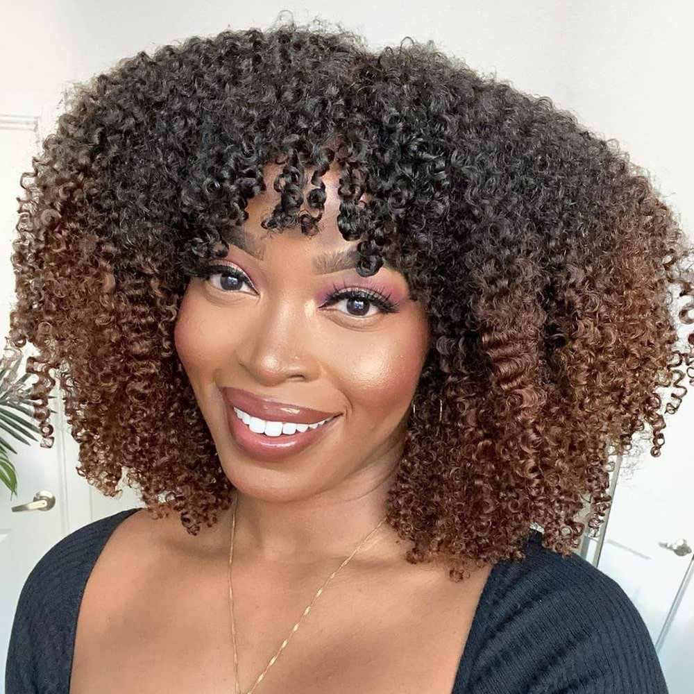 200% Density Ombre Human Hair Wigs Afro Kinky Curly Two Tone Wig With Bangs Brazilian Virgin Human Hair Machine Scalp Top Ombre Bang Wig Glueless For Black Women 20Inch