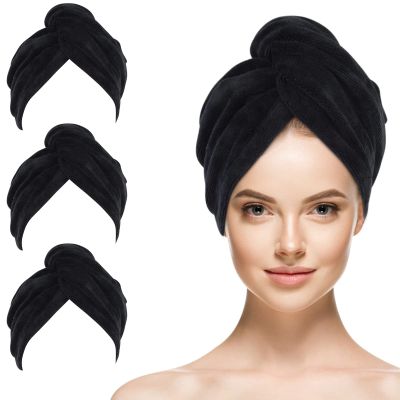 SINLAND Microfiber Hair Drying Cap Hair Towel Turban Twist for Women Fast Drying Towels Head Turban Absorbent Soft Lightweight 3 Pack Black
