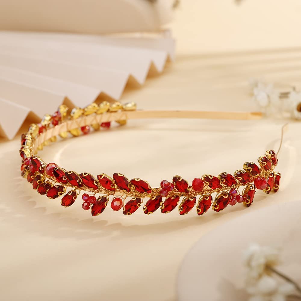 Teyglen Handmade Bridal Full Red Rhinestone Crystal Headband Hair Band for Women Wedding Hair Accessories(Red)