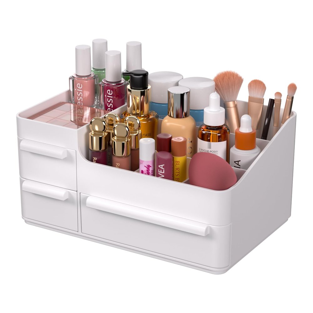 CHANCETSUI Makeup Organizer With Drawers, Makeup Desk Organizer, Bathroom Countertop Organizer for Cosmetics, Vanity Holder for Lipstick, Makeup Brush Holder/Organizer (White)