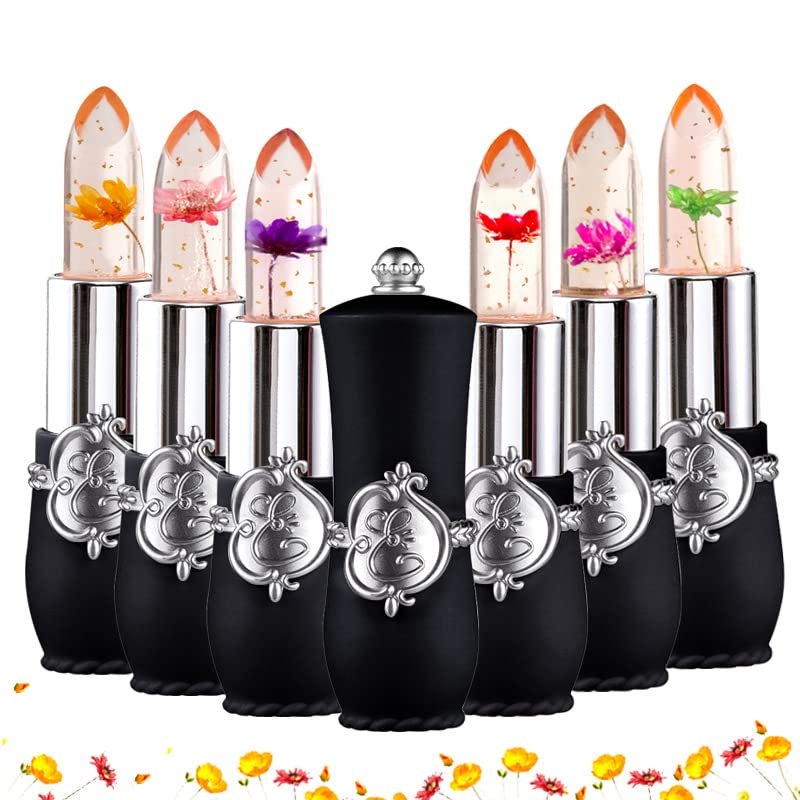 ASUSO Color Changing Lipstick,Crystal Flower Lip Gloss, Color Changing Lip Balm,Waterproof Lips Clear Temperature Lasting Lipstick (Black set of 6)