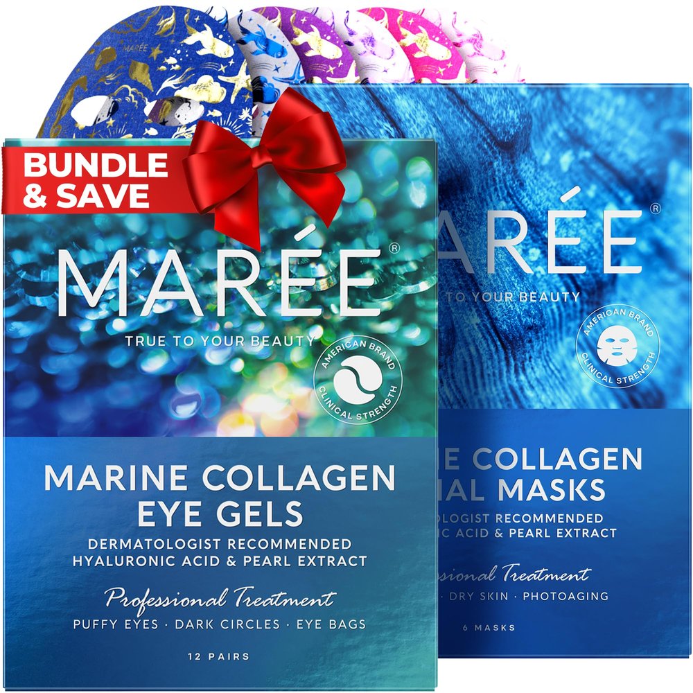 MAREE Eye Gels & Facial Masks Bundle - Under Eye Gels for Puffy Eyes and Dark Circles, Sheet Moisturizing Masks - Marine Collagen & Hyaluronic Acid, Green & Red Algae Extract - for All Skin Types