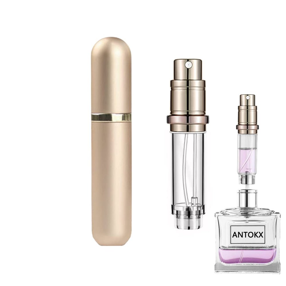 ANTOKX Travel Perfume Bottle Refillable Atomizer - 5ML Pocket Perfume Dispenser, Scent Pump Case, Leakproof Portable Perfume Sprayer for Women and Men (Gold-1)