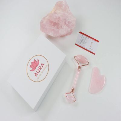 Aura - Live life beautifully Premium Certified Luxury 100% Authentic Rose Quartz Pink Roller & Gua Sha Set for Anti-Aging Skin Care, Muscle Relaxation, Fine Line Reduction, and Eye Puffiness Relief
