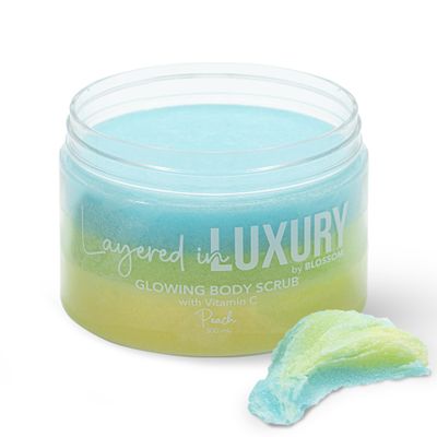 Blossom Layered in Luxury Glowing Scented Lather Foaming Body Sugar Scrub Exfoliating Polish with Skin Brightening Vitamin C, Cruelty Free, 300ml, Peach