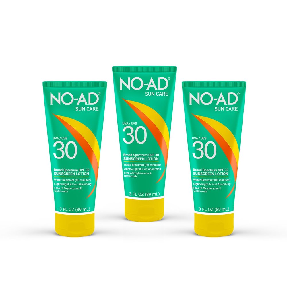 NO-AD SPF 30 Sunscreen Lotion | Broad Spectrum UVA/UVB Protection | Water Resistant | Octinoxate & Oxybenzone Free with moisturizing Vitamin E and Aloe 3oz | Pack of 3