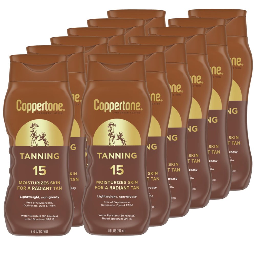 Coppertone Tanning Sunscreen Lotion, Water Resistant Body Sunscreen SPF 15, Broad Spectrum SPF 15 Sunscreen, 8 Fl Oz Bottle (Pack of 12)