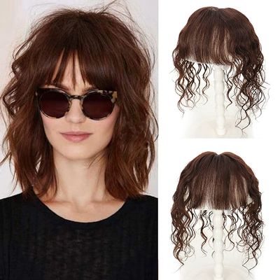 RemeeHi Middle Part Curly Wavy with Flat Bangs Clips in Hair Remy Human Hair Topper Wig Top Piece For Women 20cm Mocha Brown