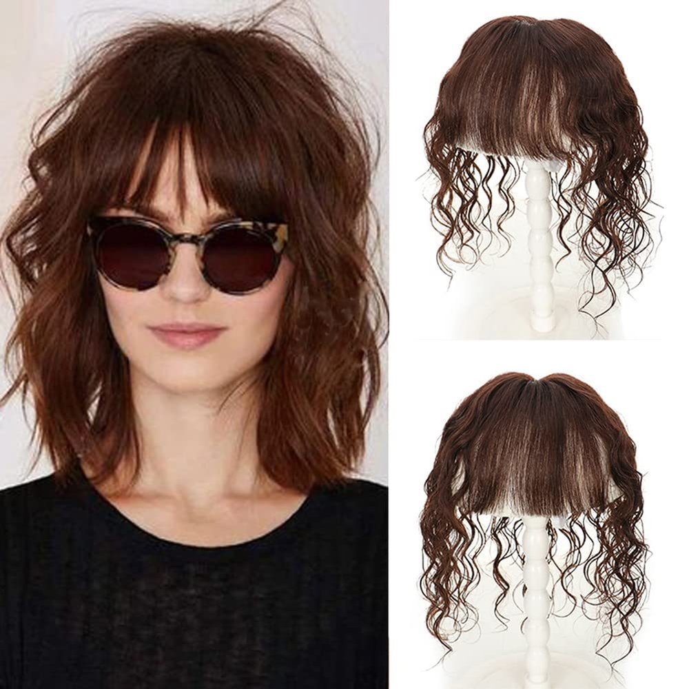 RemeeHi Middle Part Curly Wavy with Flat Bangs Clips in Hair Remy Human Hair Topper Wig Top Piece For Women 20cm Mocha Brown