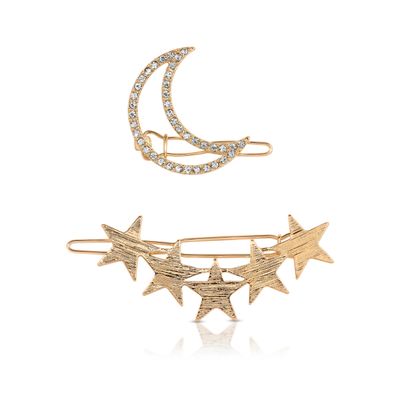 Ettika Hair Barrettes for Women. Gold Tone Plated, Barrettes for Women. Hair Accessories. Stars and Moon Set of 2
