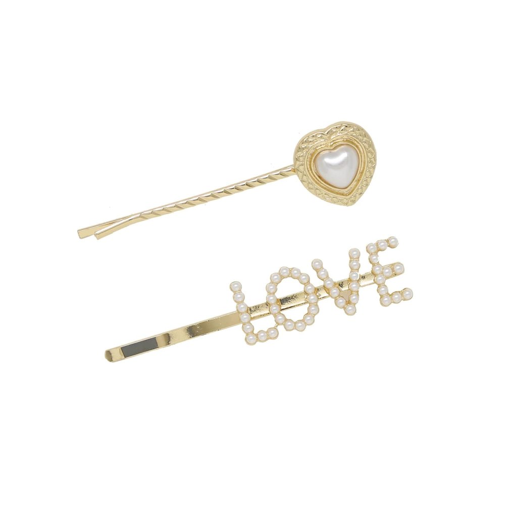 Ettika Hair Pins, Gold Hair Accessories. Rhinestone Hair Pins. Gold Tone Metal Pearl Love Heart Hair Pins Set of 2
