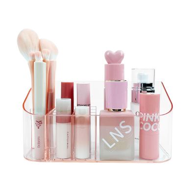 SUNFICON Makeup Holder Tray Organizer Cosmetic Display Case Tabletop Desktop Vanity Countertop Bathroom Wall Cabinet Medicine Storage Box 9 Dividers 2 Removable for Womens Ladies Girls Crystal Pink