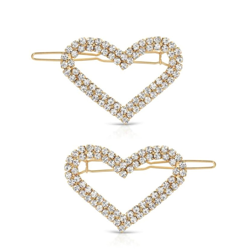 Ettika Gold Tone Plated Barrette for Women | Hair Accessory | Aphrodite Heart Crystal Barrette Set of 2 in Clear and Gold Tone