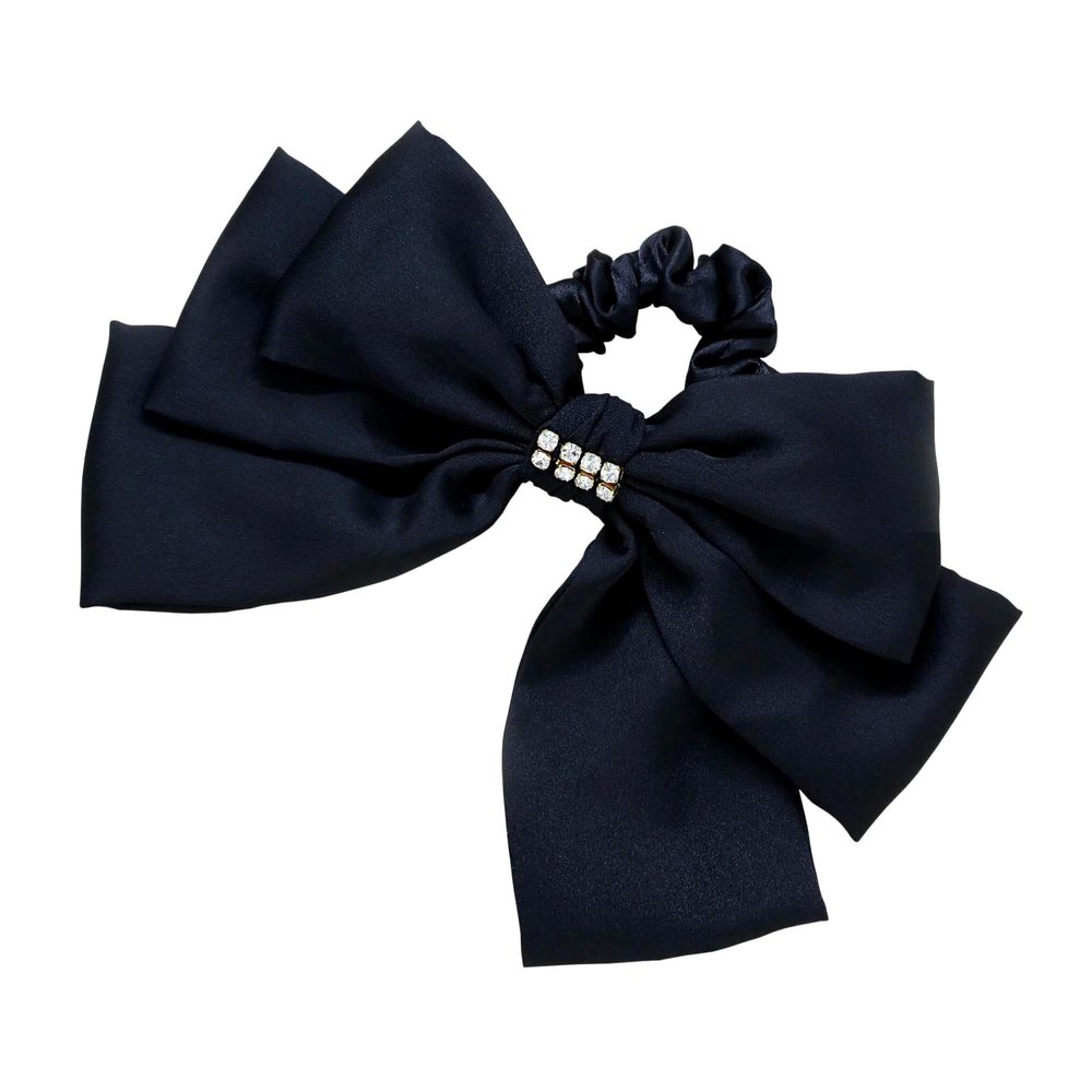 Ettika Hair Tie for Women | Hair Accessory | Oversized Bow Scrunchie with Crystal in Black | XL Polyester Hair Tie with Gold Tone