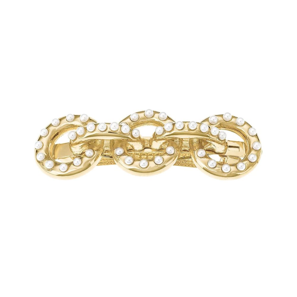 Ettika Gold Hair Clips. Hair Barrettes for Women, Triple Disc Pearl Barrette in White and Gold Tone. Large Hair Barrette