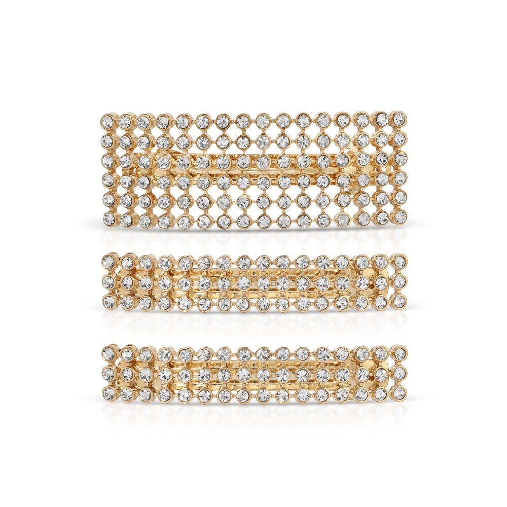 Ettika Gold Hair Clips. Hair Barrettes for Women, Hair Accessories. 3" Disco Doll Crystal Barrette Set of 3 in Gold Tone