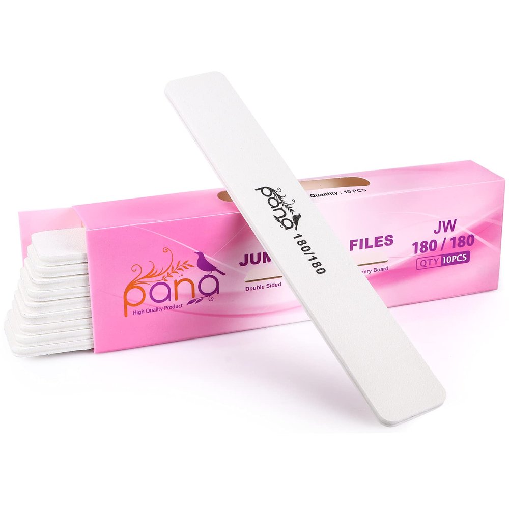 10PCS Jumbo Size PANA Professional Double Sided Nail Files - White, 180/180 Grit - Emery Board Nail Buffering File Manicure Pedicure Nail Polisher Washable
