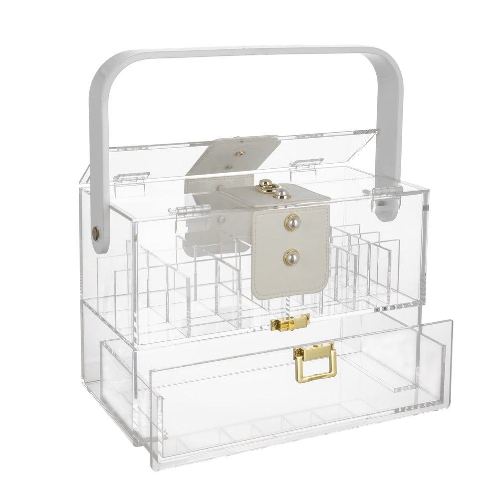 A&B Home Cosmetics and Jewelry Organizer - Clear Acrylic Storage Box with Handle, Multiple Compartments Perfect for Dresser Counter Vanity Bedroom Bathroom, 10" x 5" x 7"