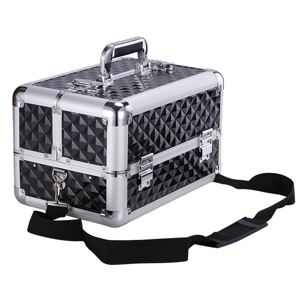 MUSUMI Tool Box Tool Boxes Aluminum Alloy Frame Toolbox 4 Trays Makeup Artists Cosmetics Train Case Organizer Cosmetic Jewelry Box with Shoulder Strap Tool Organizer Tool Chest (Black)