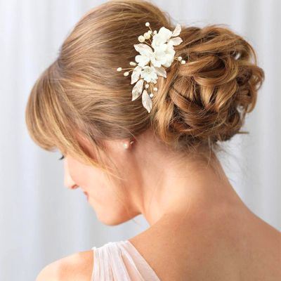 PRETTYLIFE Flower Bridal Hair Pieces with Comb Pearl Leaf White Ceramic Floral Wedding Hair Accessories for Women Girls