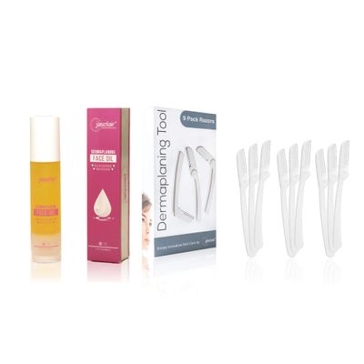 Dermaplaning Tool (9 Count) and Dermaplane Oil Bundle  Easy to Use Face Razor with Smooth Glide Shave Oil for Gentle Exfoliation