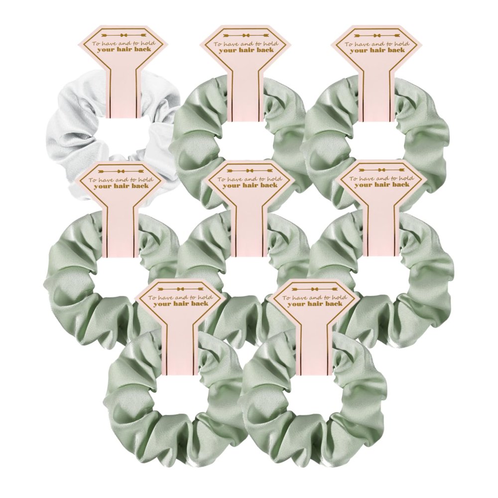 Hasoar Smooth Linen Satin 8pcs Hair Ties Bridesmaid Proposal Gifts Hair Scrunchies Bachelorette Party Favors (White & Linen Sage Green)