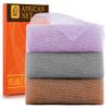 UJFQBH 3 Pieces African exfoliating net African Net Long Net Bath Sponge Exfoliating Shower Body Scrubber Back Scrubber Skin Smoother,Great for Daily Use (PurpleGrayBrown) view 1