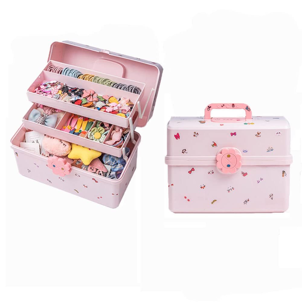 Cute Hair Accessories Organizer for Baby Girls 3-Layers Pink Plastic Hairpin Hairline Headband Storage Box Portable Lockable Hair Jewelry Container