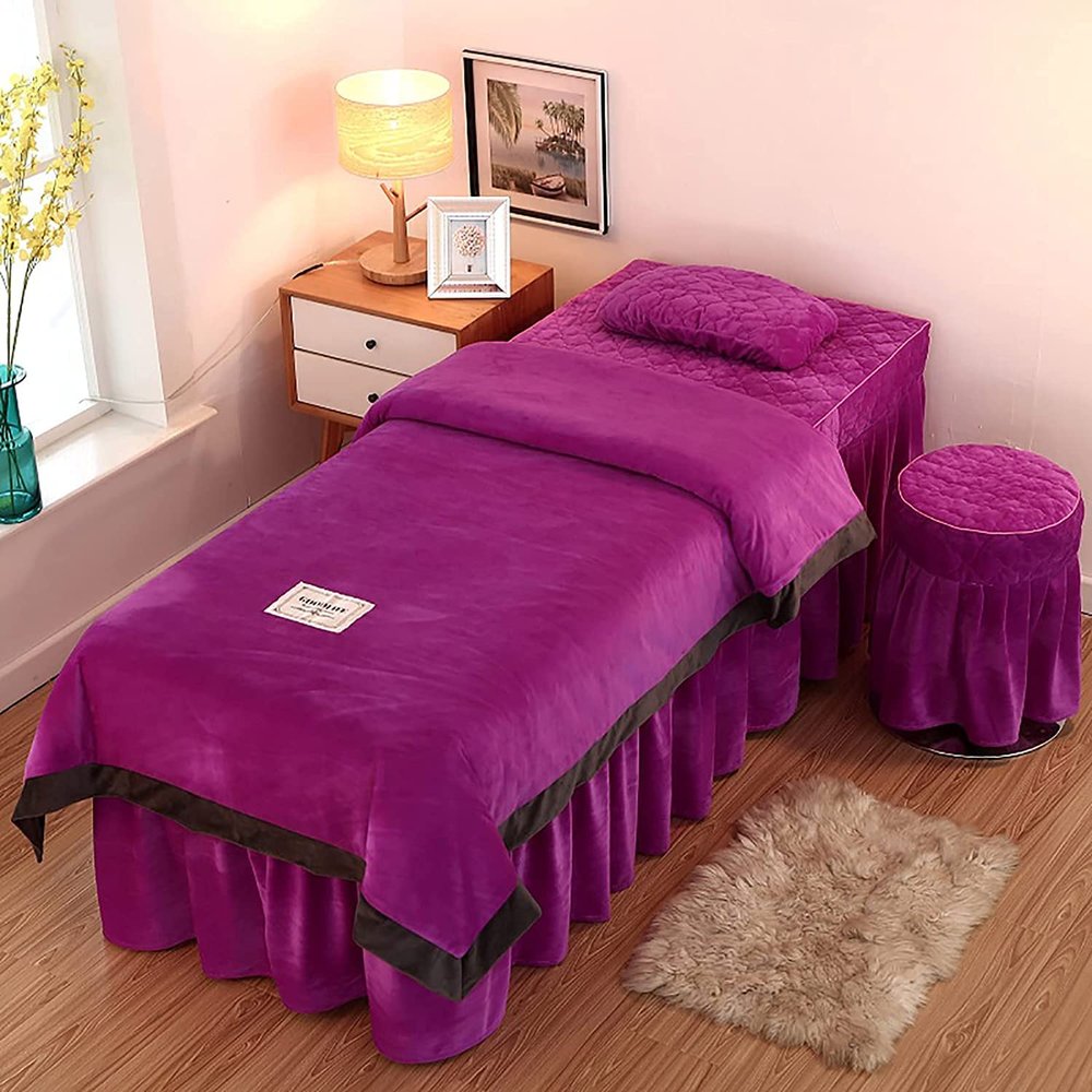 MIPOPS 4-Piece Flannel Thicken Massage Table Sheet Set, Beauty Bedspreads European Solid Color Salon Spa Massage Bed Cover(G,180x70cm(71x28inch))