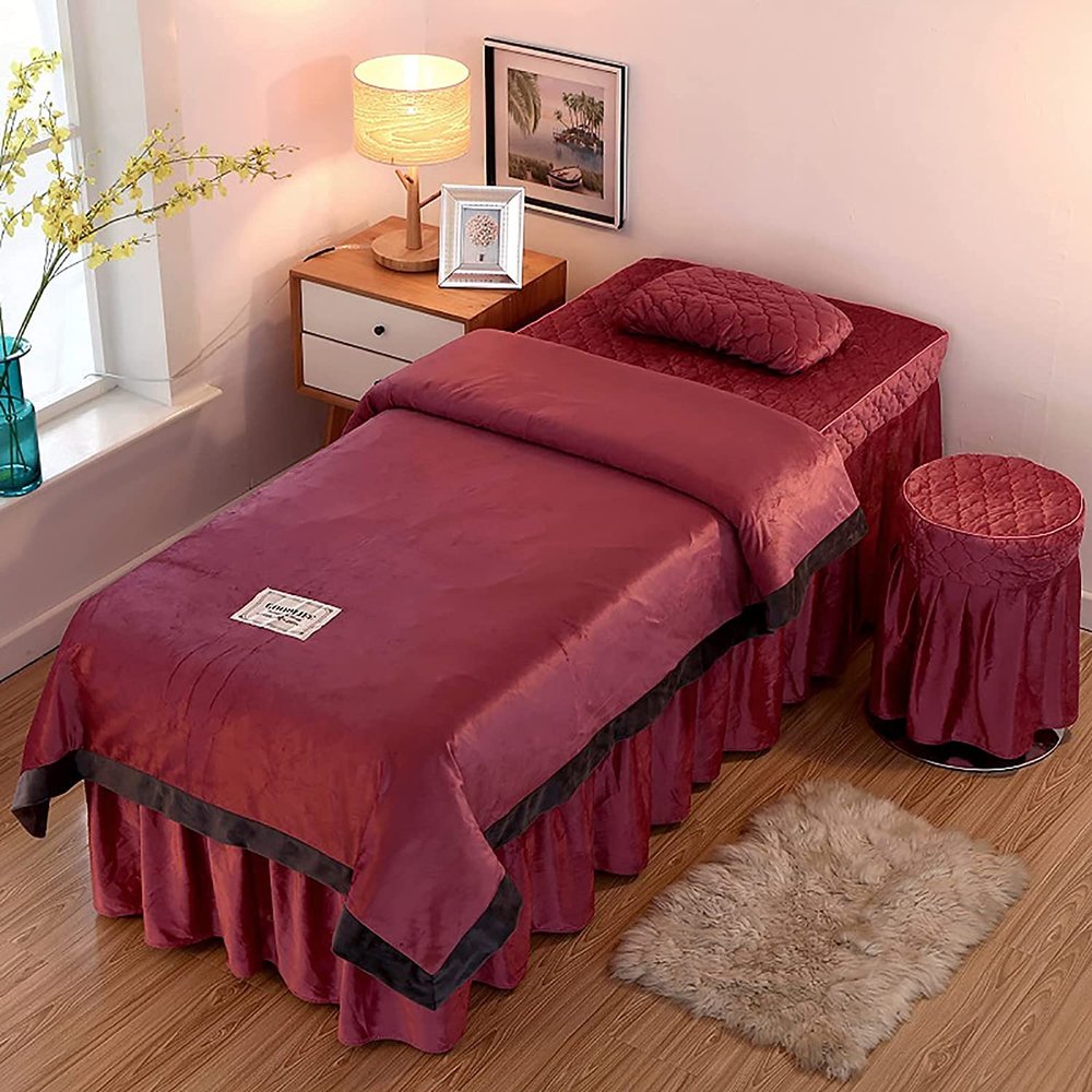 MIPOPS 4-Piece Flannel Thicken Massage Table Sheet Set, Beauty Bedspreads European Solid Color Salon Spa Massage Bed Cover(F,190x80cm(75x31inch))