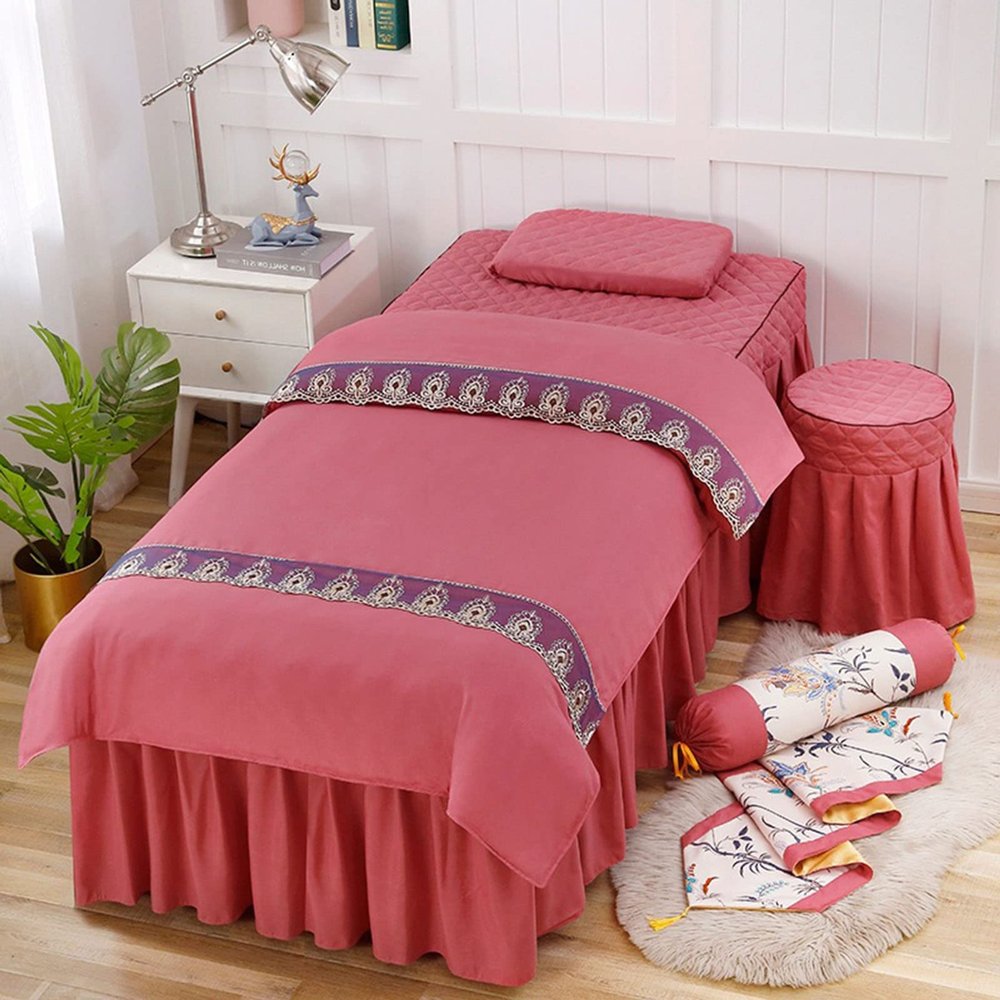 MIPOPS 4-Piece Massage Table Sheet Set, Beauty Salon Massage Table Skirt Set Bedspreads Bed Skirt Sheet European-Style Massage Aromatherapy Cover(C,190x70cm(75x28inch))