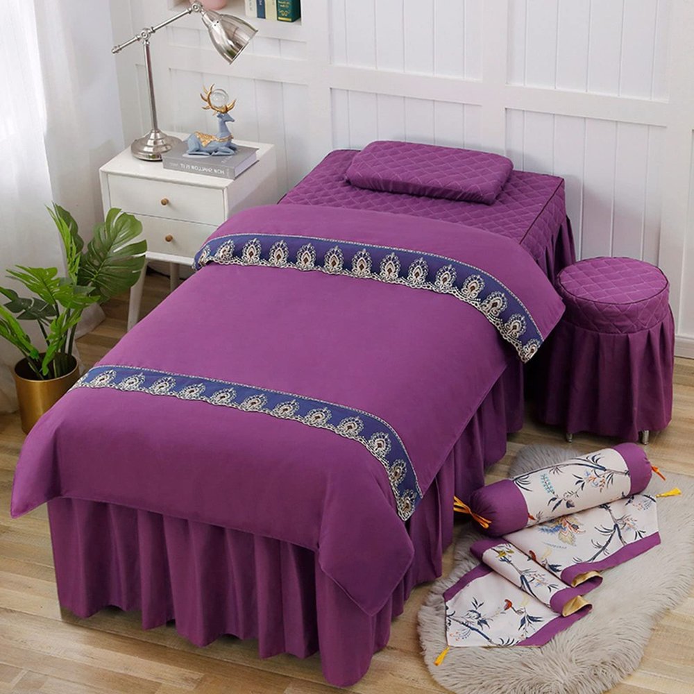 MIPOPS 4-Piece Massage Table Sheet Set, Beauty Salon Massage Table Skirt Set Bedspreads Bed Skirt Sheet European-Style Massage Aromatherapy Cover(D,190x75cm(75x30inch))