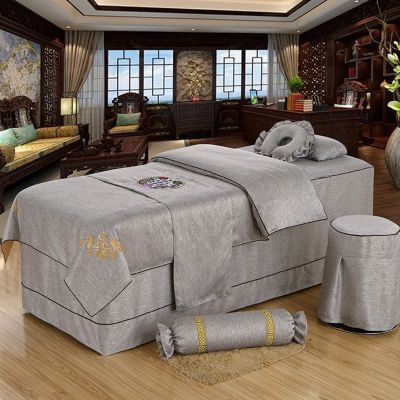 MIPOPS 4-Piece Massage Table Sheet Set, Body Massage Bed Spa Table Skirt Sheet 4 Pieces Bedspread with Face Rest Hole(Gray,190x80cm(75x31inch))