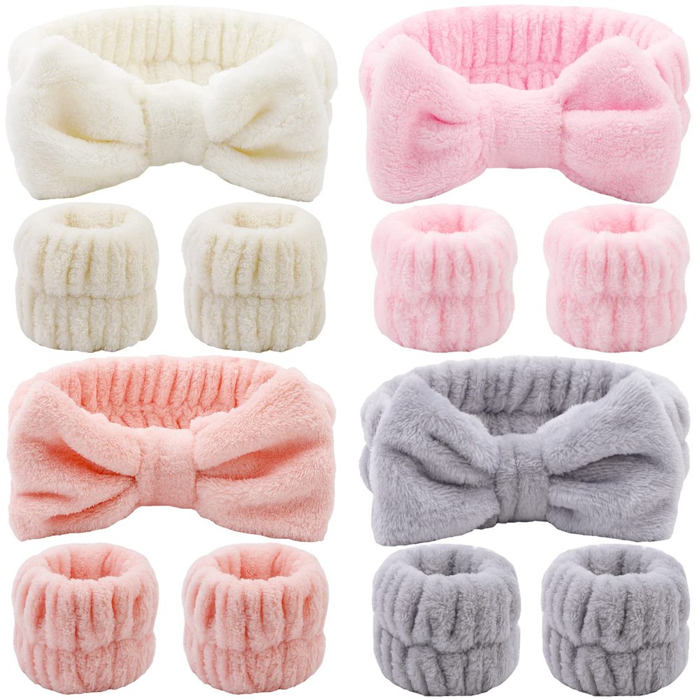 12PCS Microfiber Makeup Headbands and Wristbands Set for Women & Girls - Soft Elastic Bow Headbands with Highly Absorbent Wristbands for Face Washing, Shower, Skincare & Gifts