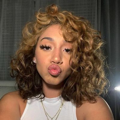 Jnymell Short Bob Wig Curly Lace Front Wigs #27 Honey Blonde Colored Brazilian Bouncy Curly Human Hair Wig With Curly Bangs 13x4 Lace Front Human Hair Pre Plucked 150% HD Crystal Lace Frontal Wig
