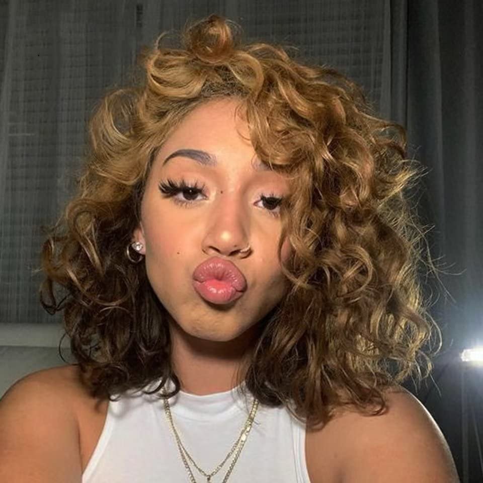 Jnymell Short Bob Wig Curly Lace Front Wigs #27 Honey Blonde Colored Brazilian Bouncy Curly Human Hair Wig With Curly Bangs 13x4 Lace Front Human Hair Pre Plucked 150% HD Crystal Lace Frontal Wig