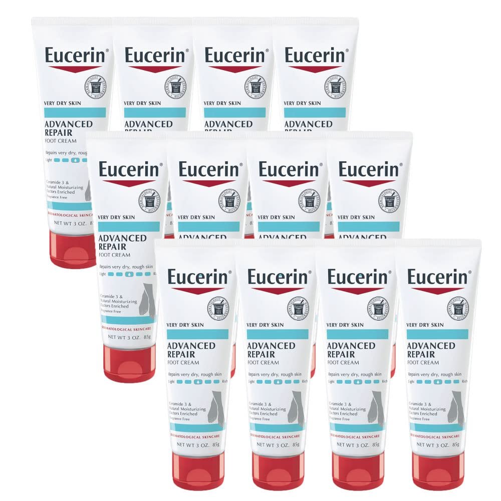 Eucerin Advanced Repair Foot Cream, Unscented Foot Cream for Dry Feet and Heels, 3 Oz Tube, Pack of 12
