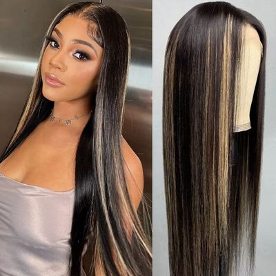 Brown Blonde Wig Straight Human Hair Wig 13x4 HD Invisible Lace Front Wig Pre Plucked Highlights Wig For Black Women Natural Hairline Bleached Knots 150% Density 22Inch