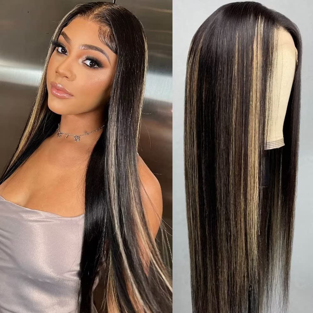 Brown Blonde Wig Straight Human Hair Wig 13x4 HD Invisible Lace Front Wig Pre Plucked Highlights Wig For Black Women Natural Hairline Bleached Knots 150% Density 22Inch